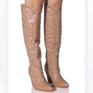 NEW Azalea Wang Nude Texas Rhinestone Over The Knee Embellished Tan Heeled Boots